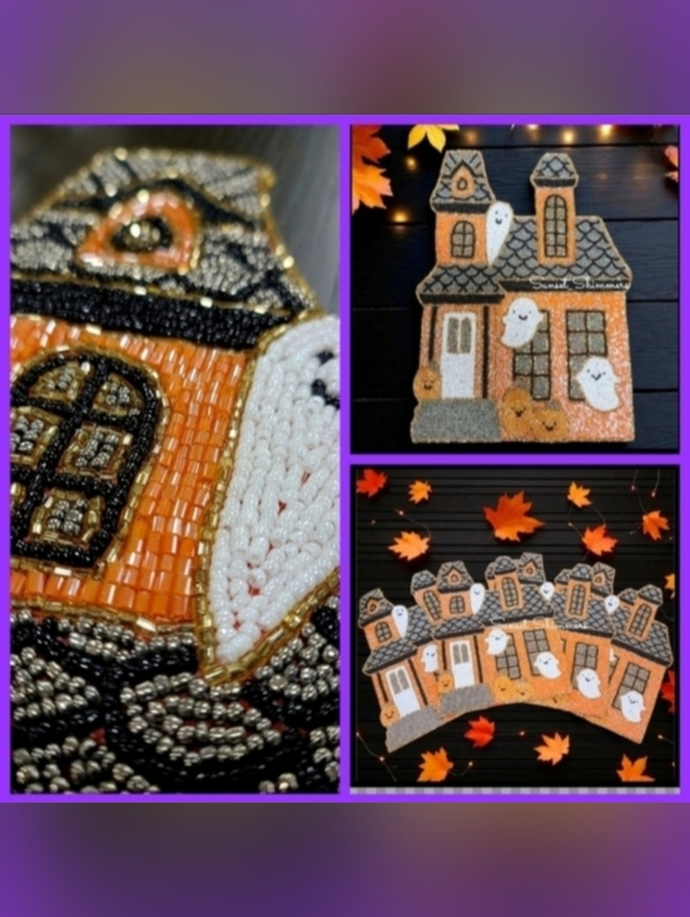 x4 Haunted House Halloween Ghost Pumpkin Shimmer Beaded Placemats CHARGERS Set